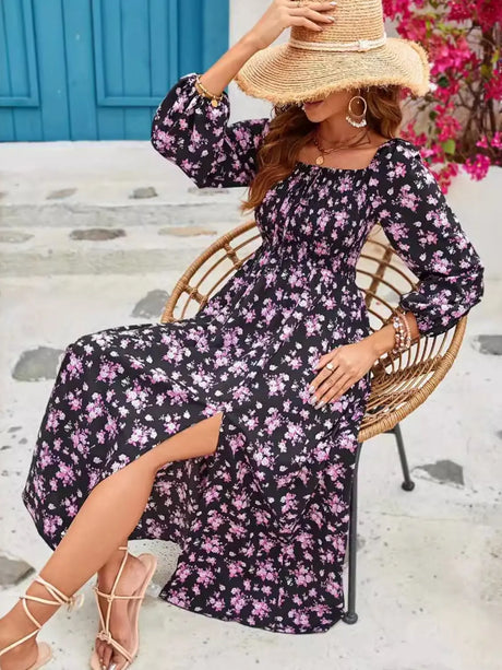 Slit Smocked Floral Square Neck Balloon Sleeve Midi Dress | Hanalas