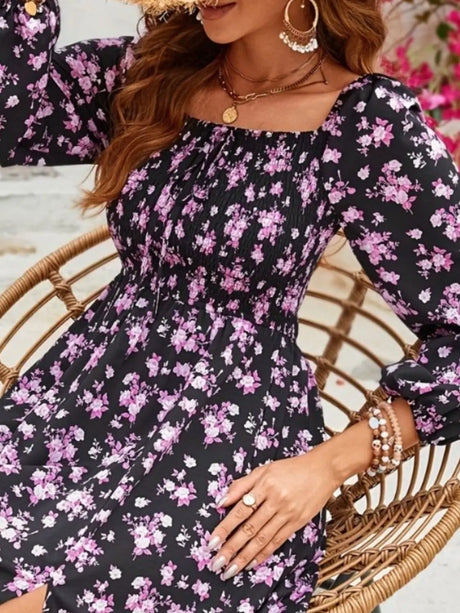 Slit Smocked Floral Square Neck Balloon Sleeve Midi Dress | Hanalas