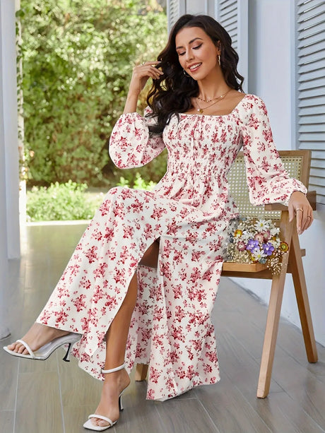 Slit Smocked Floral Square Neck Balloon Sleeve Midi Dress | Hanalas