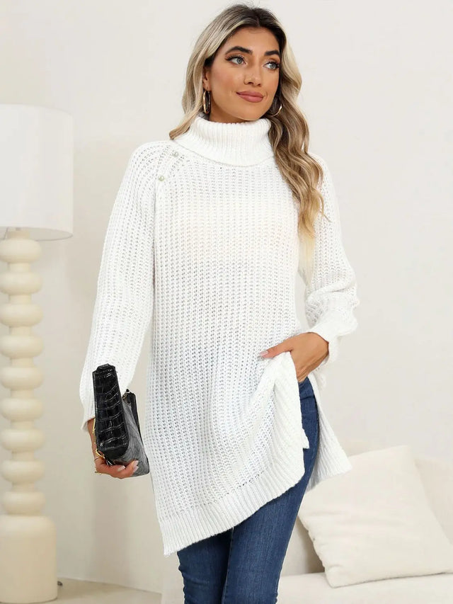 Slit Turtleneck Long Sleeve Sweater Trendsi Hanalas