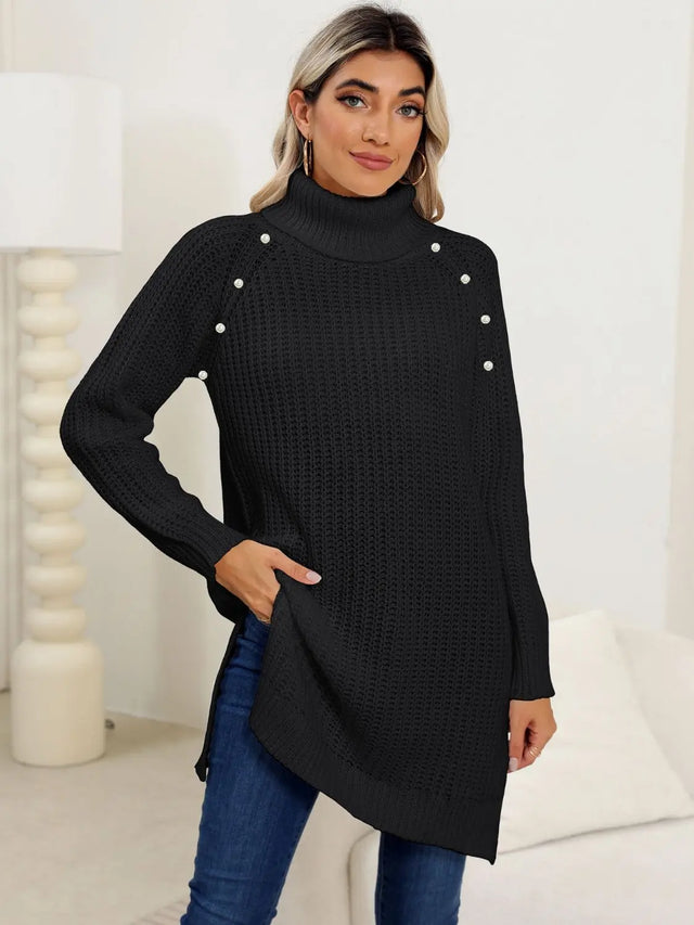 Slit Turtleneck Long Sleeve Sweater Trendsi Hanalas