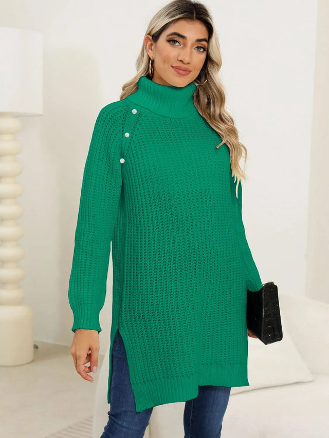 Slit Turtleneck Long Sleeve Sweater Trendsi Hanalas