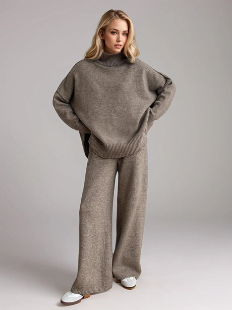 Slit Turtleneck Long Sleeve Top and Pants Sweater Set | Hanalas