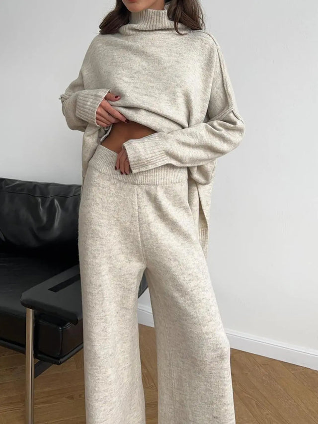 Slit Turtleneck Long Sleeve Top and Pants Sweater Set | Hanalas