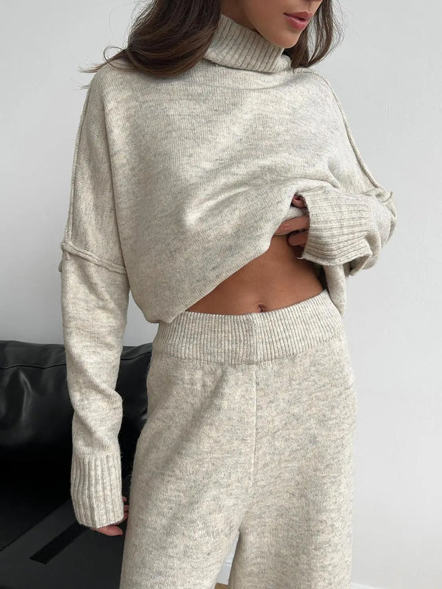 Slit Turtleneck Long Sleeve Top and Pants Sweater Set | Hanalas