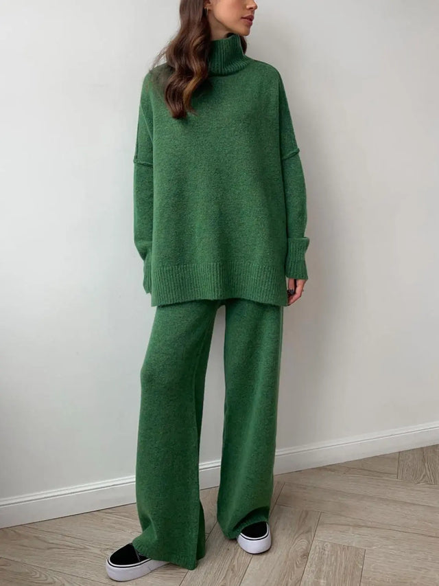 Slit Turtleneck Long Sleeve Top and Pants Sweater Set | Hanalas