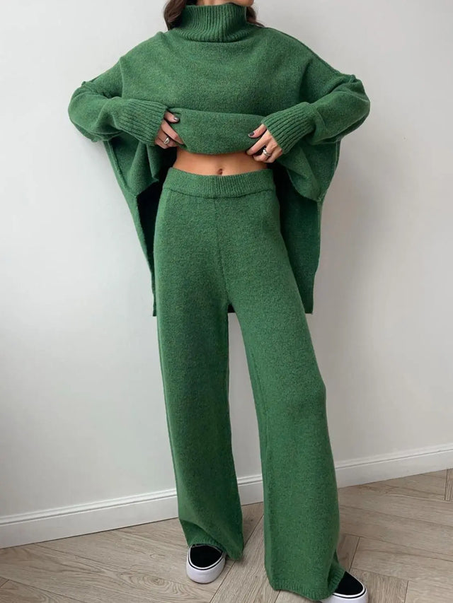 Slit Turtleneck Long Sleeve Top and Pants Sweater Set | Hanalas