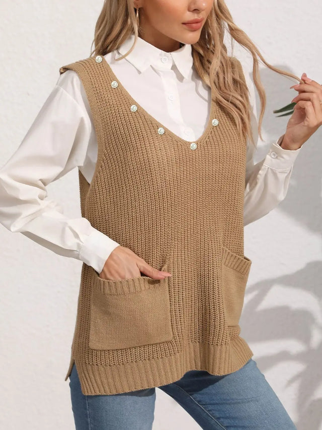 Slit V-Neck Sweater Vest Trendsi Hanalas