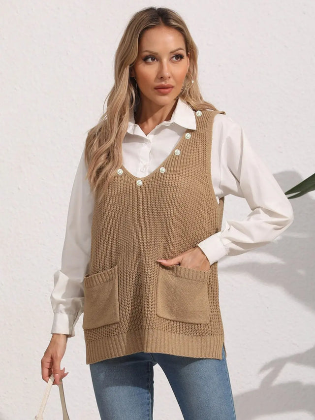 Slit V-Neck Sweater Vest Trendsi Hanalas