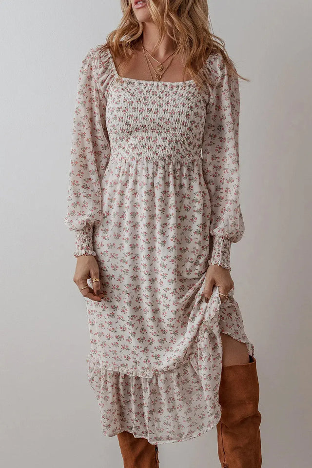 Smocked Floral Square Neck Long Sleeve Midi Dress Trendsi Hanalas