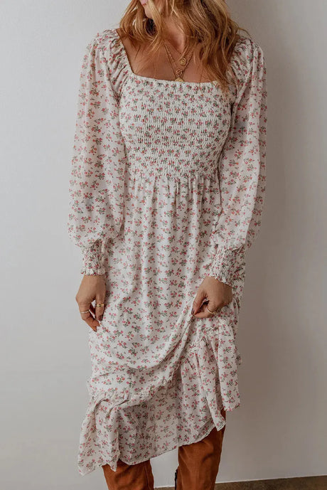 Smocked Floral Square Neck Long Sleeve Midi Dress Trendsi Hanalas