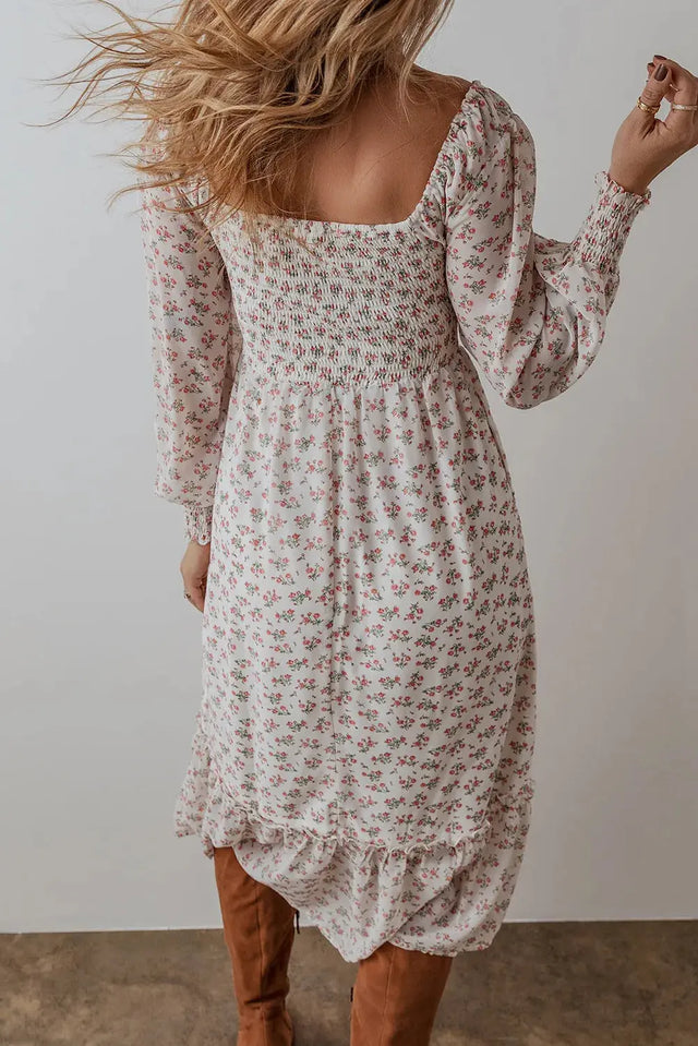 Smocked Floral Square Neck Long Sleeve Midi Dress Trendsi Hanalas