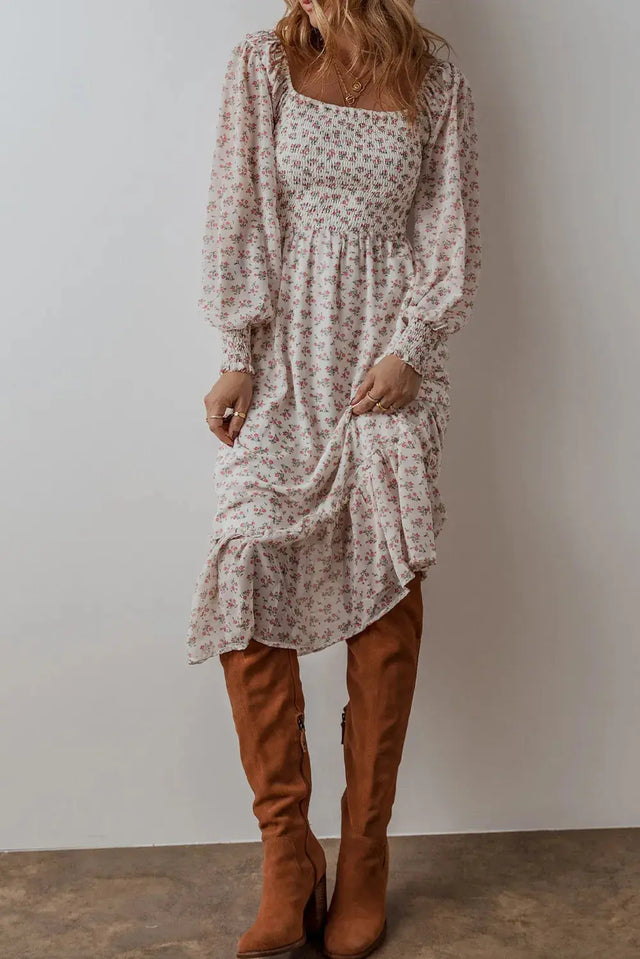 Smocked Floral Square Neck Long Sleeve Midi Dress Trendsi Hanalas