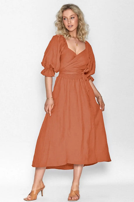 Smocked Tied Flounce Sleeve Midi Dress | Hanalas