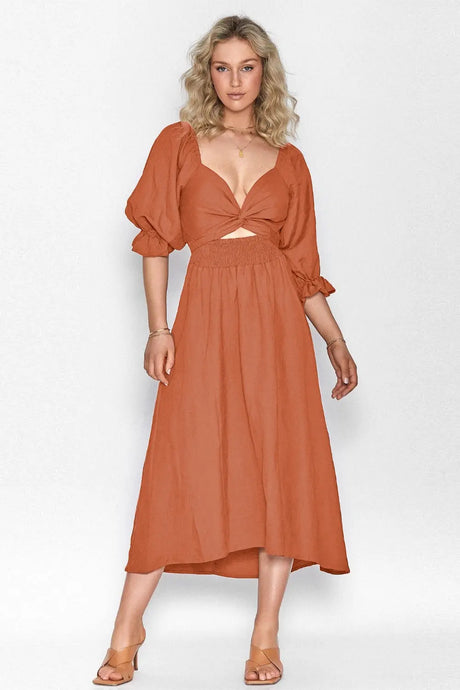 Smocked Tied Flounce Sleeve Midi Dress | Hanalas