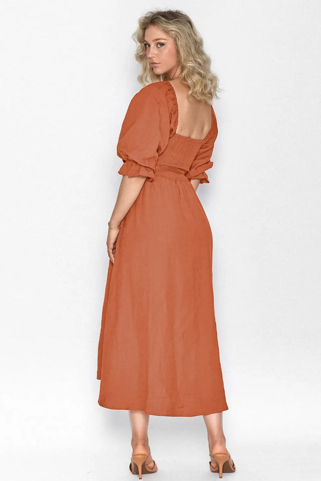 Smocked Tied Flounce Sleeve Midi Dress | Hanalas