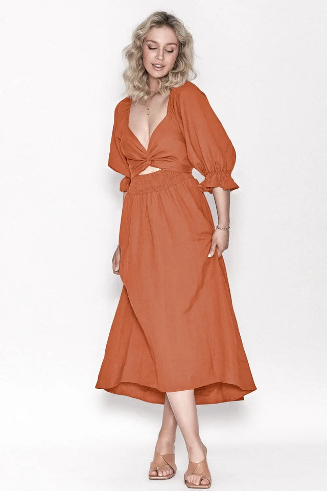 Smocked Tied Flounce Sleeve Midi Dress | Hanalas