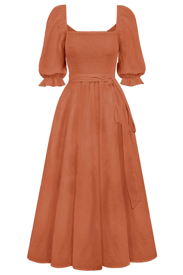 Smocked Tied Flounce Sleeve Midi Dress | Hanalas