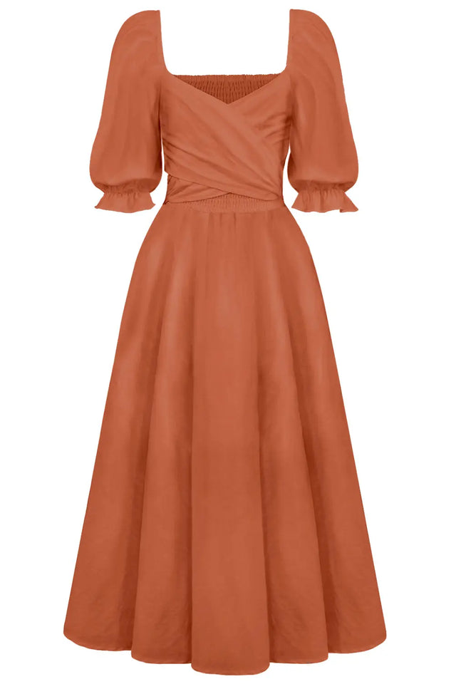Smocked Tied Flounce Sleeve Midi Dress | Hanalas