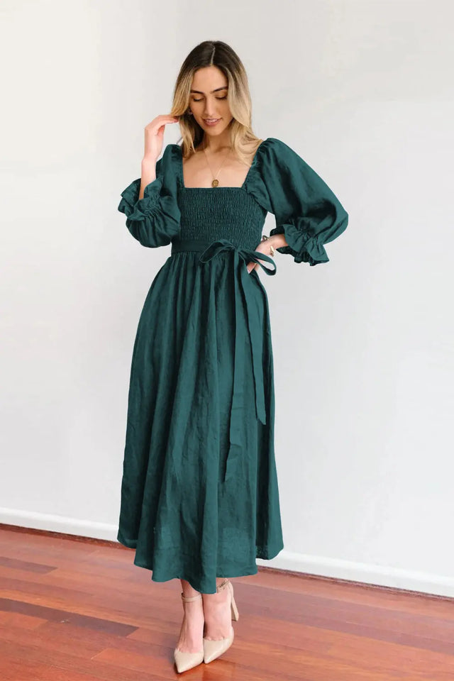 Smocked Tied Flounce Sleeve Midi Dress | Hanalas