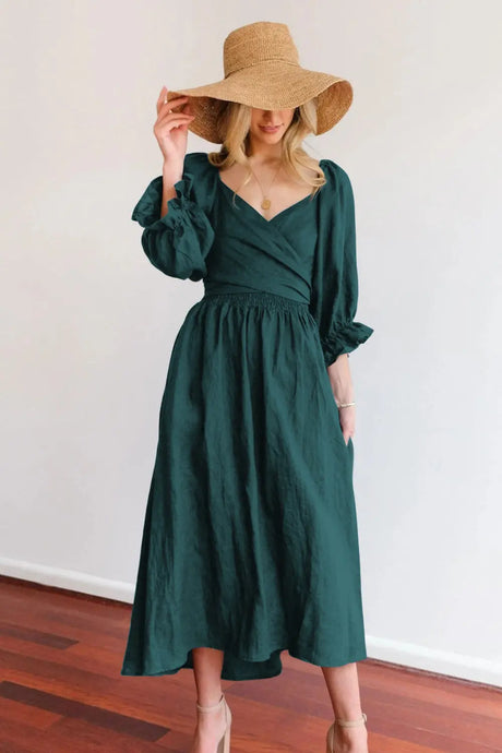 Smocked Tied Flounce Sleeve Midi Dress | Hanalas