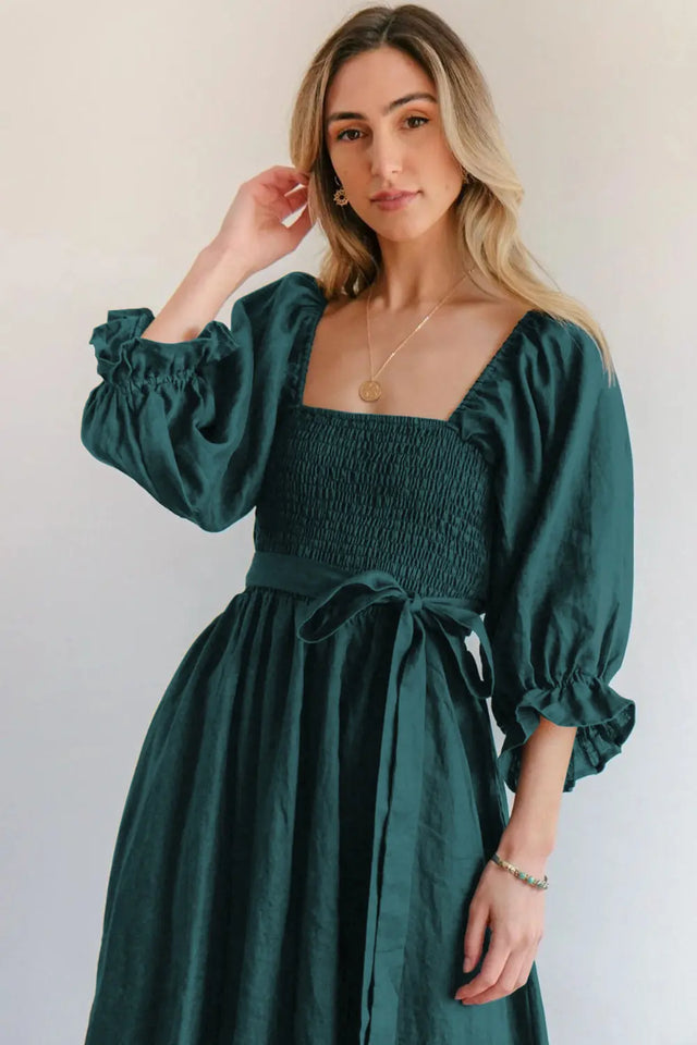 Smocked Tied Flounce Sleeve Midi Dress | Hanalas