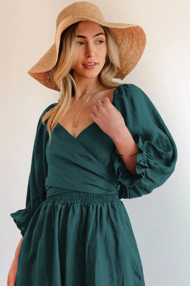 Smocked Tied Flounce Sleeve Midi Dress | Hanalas