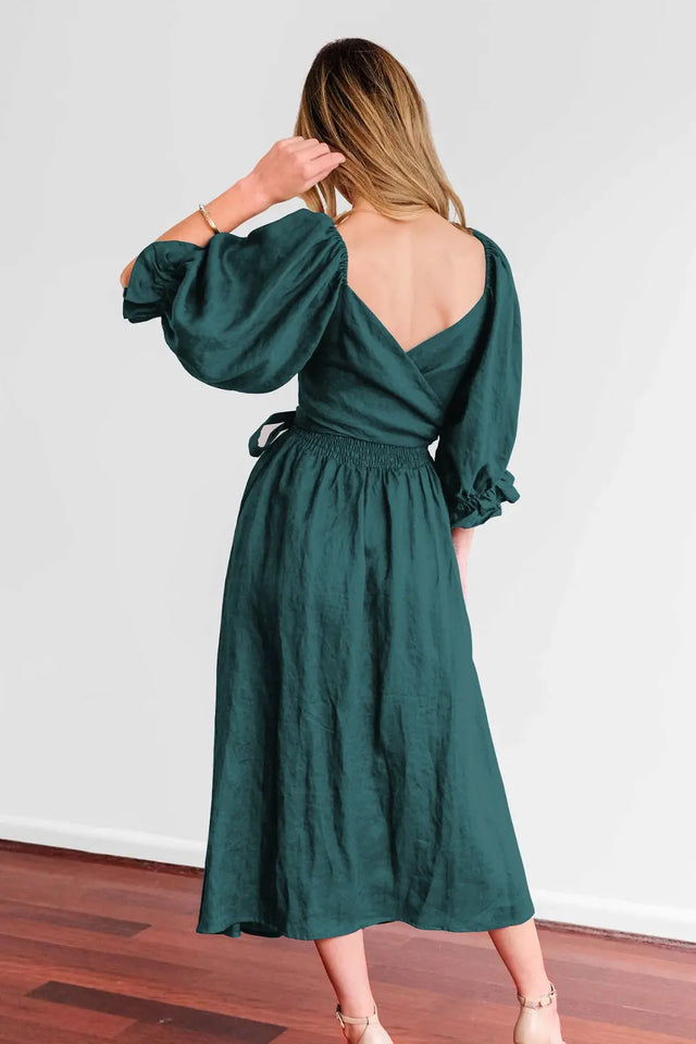 Smocked Tied Flounce Sleeve Midi Dress | Hanalas