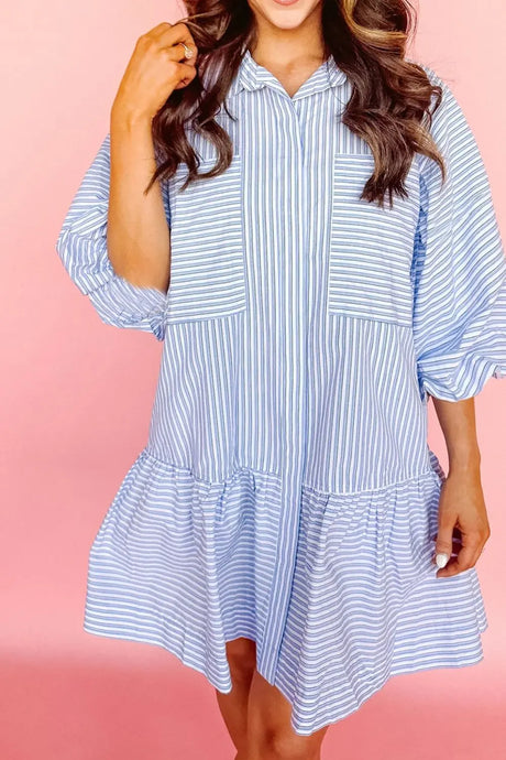 Stripe Bubble Sleeve Chest Pockets Shirt Dress | Hanalas