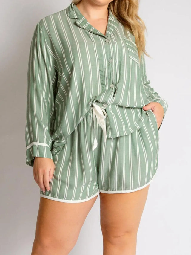 Striped Collared Neck Long Sleeve Top and Shorts Lounge Set Trendsi Hanalas