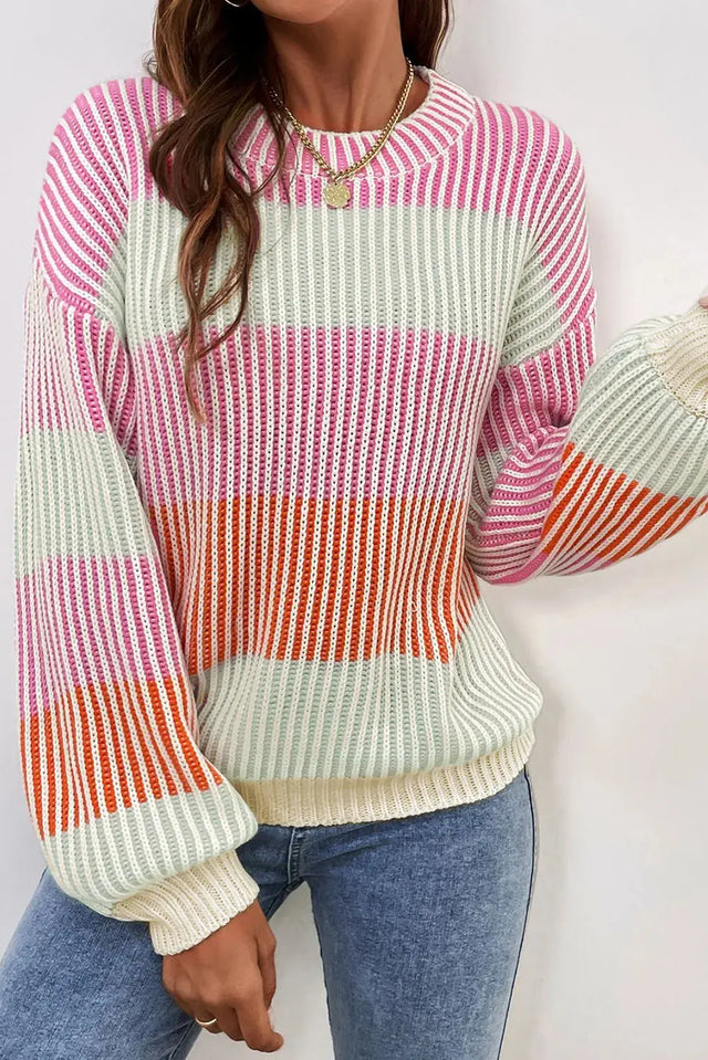 Striped Color Block Round Neck Long Sleeve Sweater Trendsi Hanalas