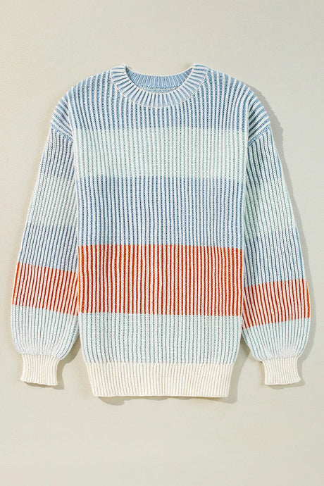 Striped Color Block Round Neck Long Sleeve Sweater Trendsi Hanalas