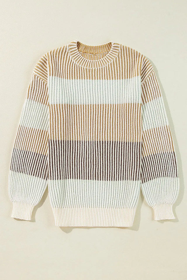 Striped Color Block Round Neck Long Sleeve Sweater Trendsi Hanalas