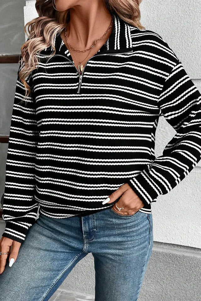 Striped Half Zip Long Sleeve Top Trendsi Hanalas