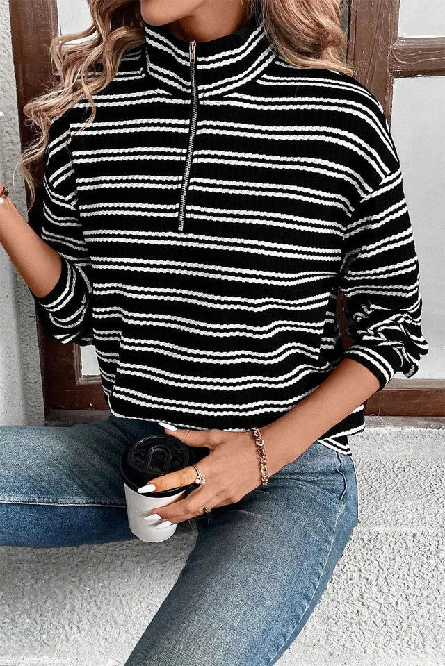 Striped Half Zip Long Sleeve Top Trendsi Hanalas