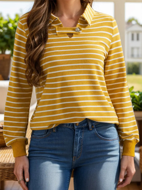 Striped Johnny Collar Long Sleeve T-Shirt Trendsi Hanalas