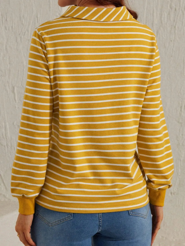 Striped Johnny Collar Long Sleeve T-Shirt Trendsi Hanalas