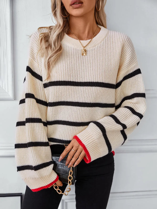 Striped Round Neck Dropped Shoulder Sweater Trendsi Hanalas