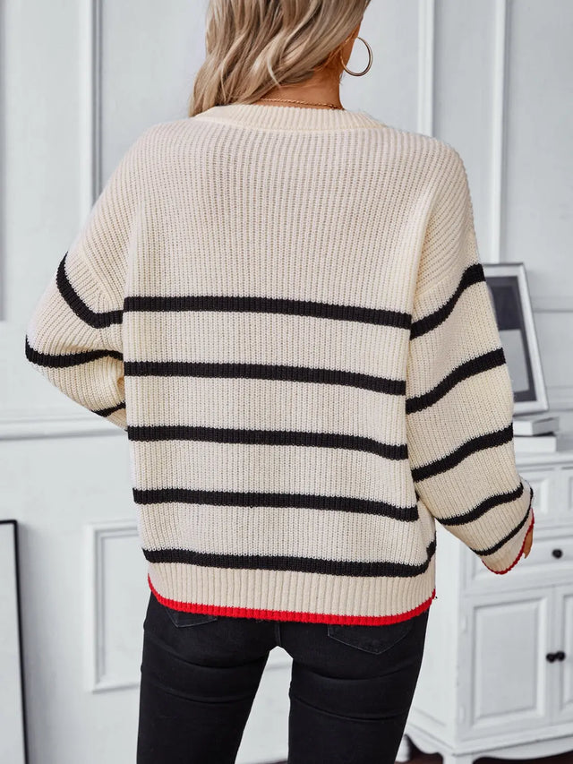 Striped Round Neck Dropped Shoulder Sweater Trendsi Hanalas