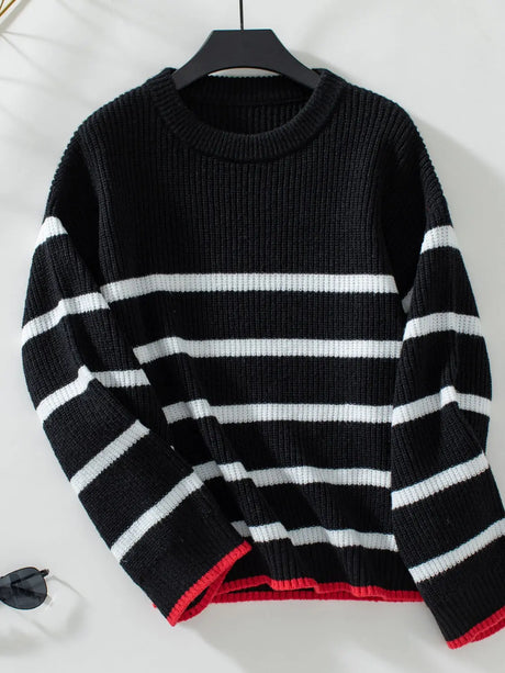 Striped Round Neck Dropped Shoulder Sweater Trendsi Hanalas