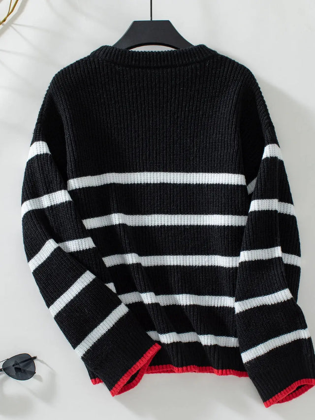 Striped Round Neck Dropped Shoulder Sweater Trendsi Hanalas