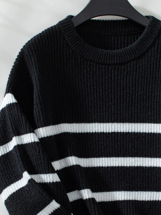 Striped Round Neck Dropped Shoulder Sweater Trendsi Hanalas