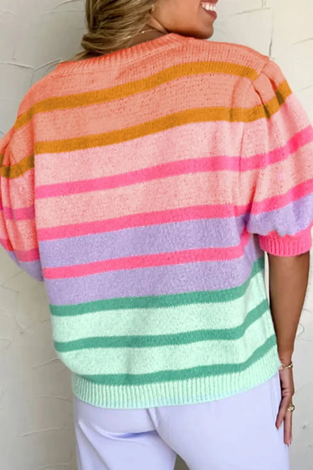 Striped Round Neck Half Sleeve Sweater | Hanalas