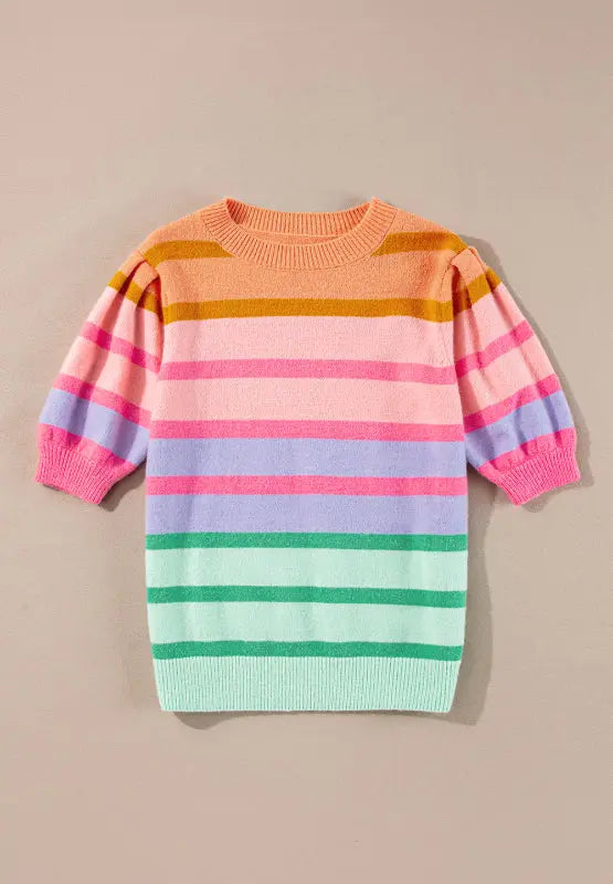 Striped Round Neck Half Sleeve Sweater | Hanalas