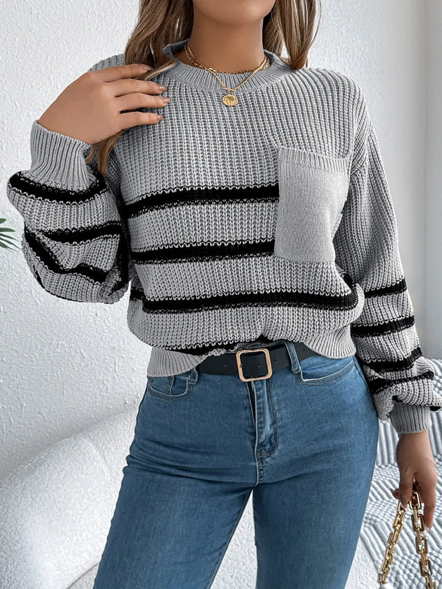 Striped Round Neck Long Sleeve Sweater Trendsi Hanalas