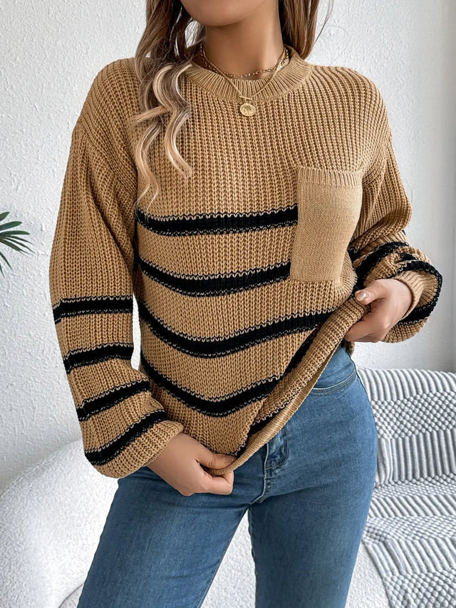 Striped Round Neck Long Sleeve Sweater Trendsi Hanalas