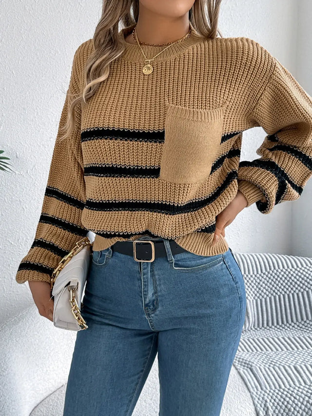 Striped Round Neck Long Sleeve Sweater Trendsi Hanalas