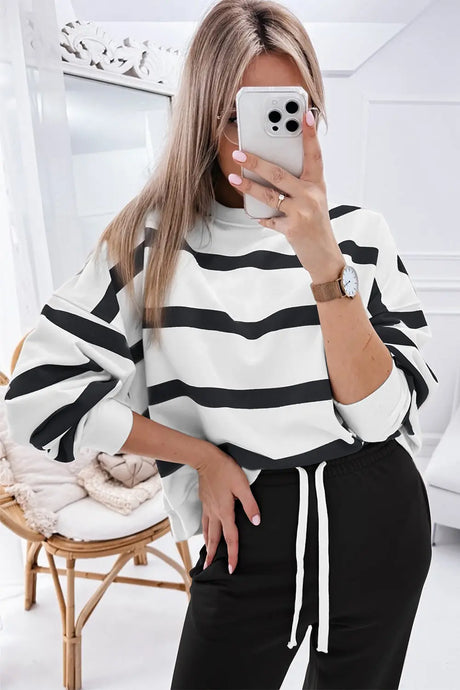 Striped Round Neck Long Sleeve Top and Pants Set | Hanalas