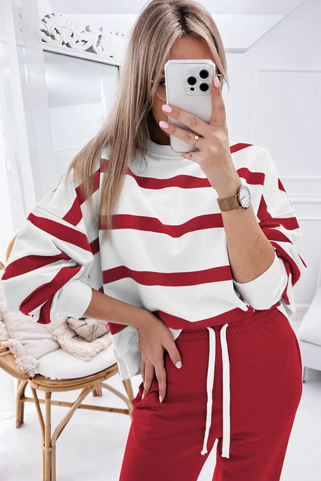 Striped Round Neck Long Sleeve Top and Pants Set | Hanalas