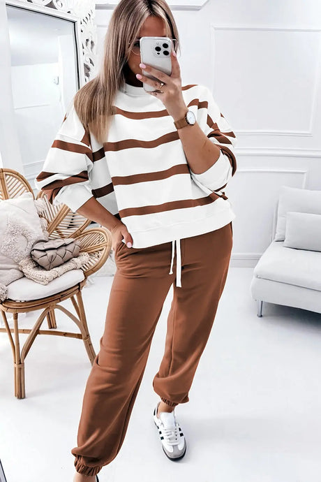 Striped Round Neck Long Sleeve Top and Pants Set | Hanalas